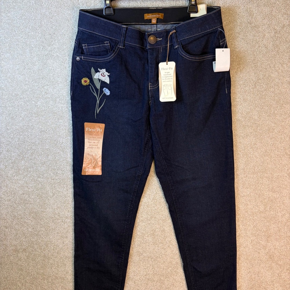 reCreation Flexi-Fit Skinny Jeans Women 8 (31x30) Dark Indigo Floral Embroidered